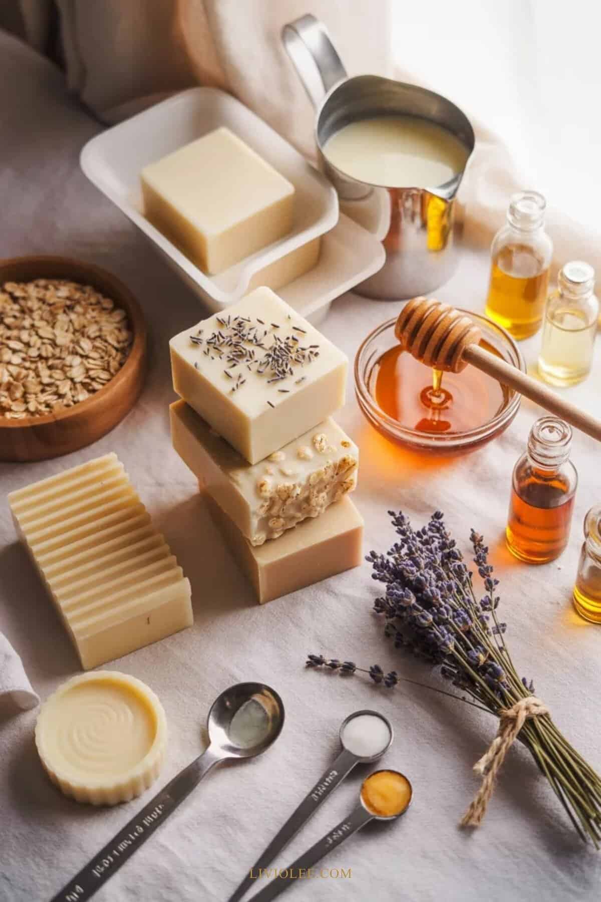 goat’s milk soap making setup with tools, ingredients, and variations including oatmeal, honey, and lavender soaps