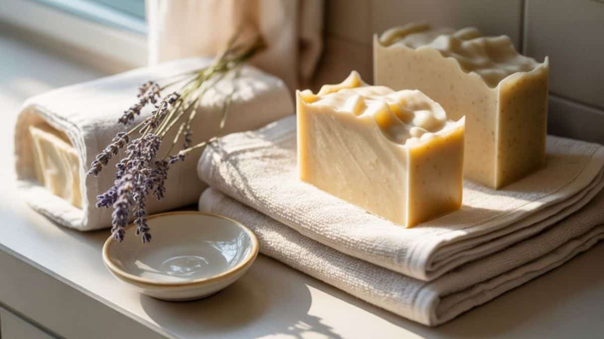 goat’s milk soap bars on folded linen towels with lavender sprigs