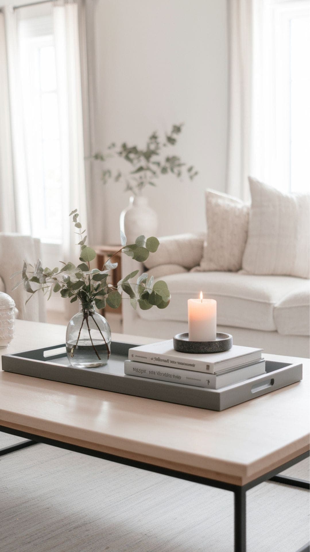 Minimalist coffee table styling with a decorative tray, stacked books, eucalyptus in a glass vase, and a lit candle in a bright neutral living room
