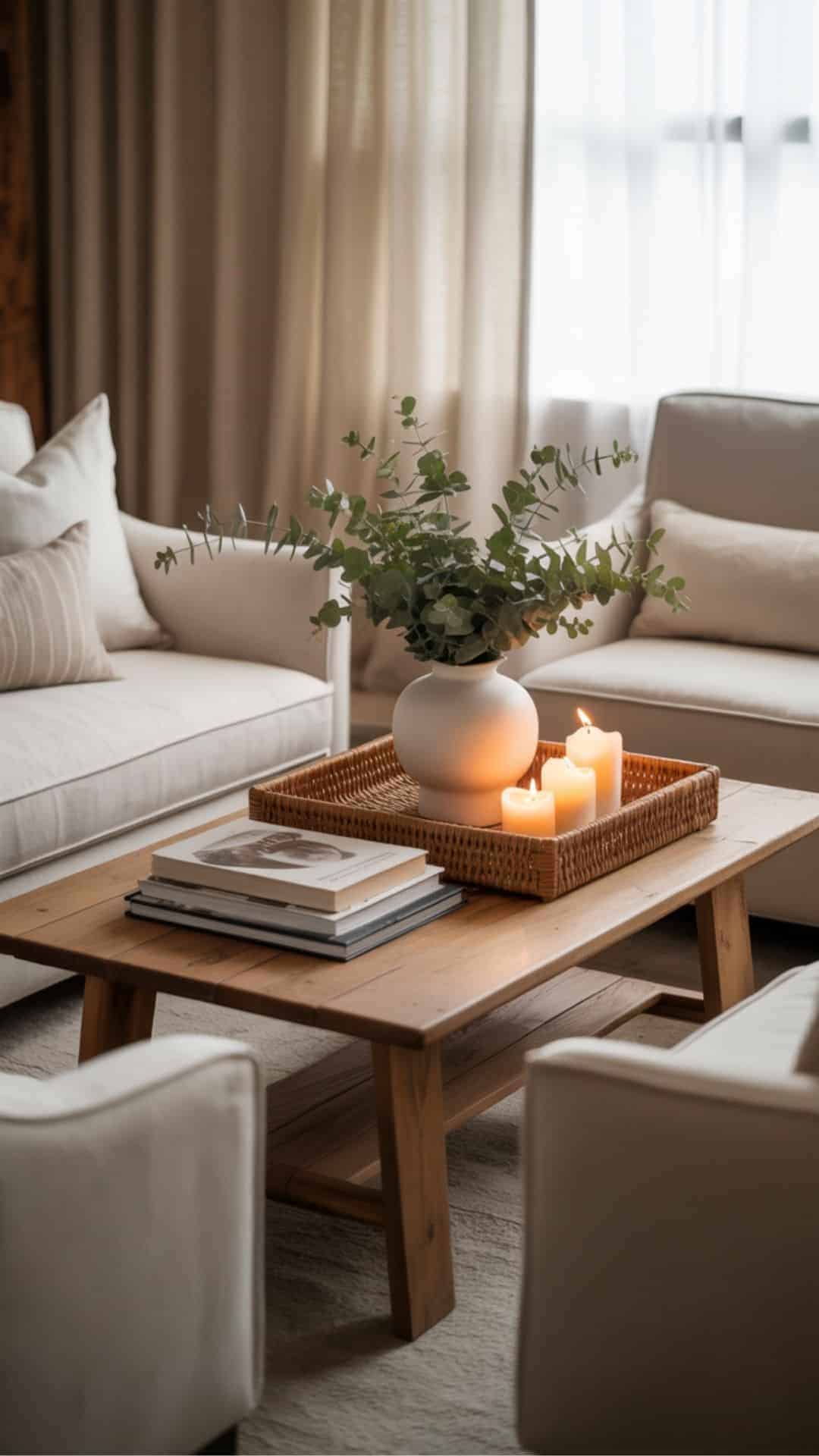 beige sofas timber coffee table timber tray vase and green stems candles and coffee table books