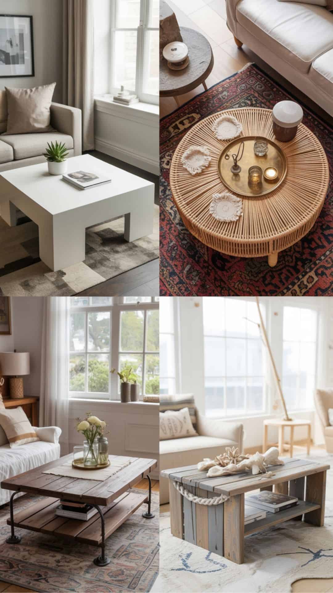 Collage of coffee table styles including modern minimalist, boho rattan, rustic wood, and coastal decor in bright living rooms