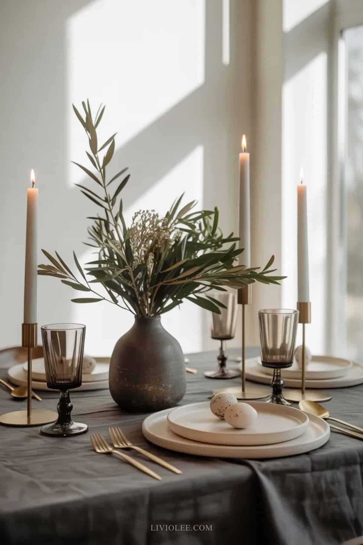 Moody Easter tablescape with charcoal linens, cream plates, gold flatware, candles, and minimal spring greenery