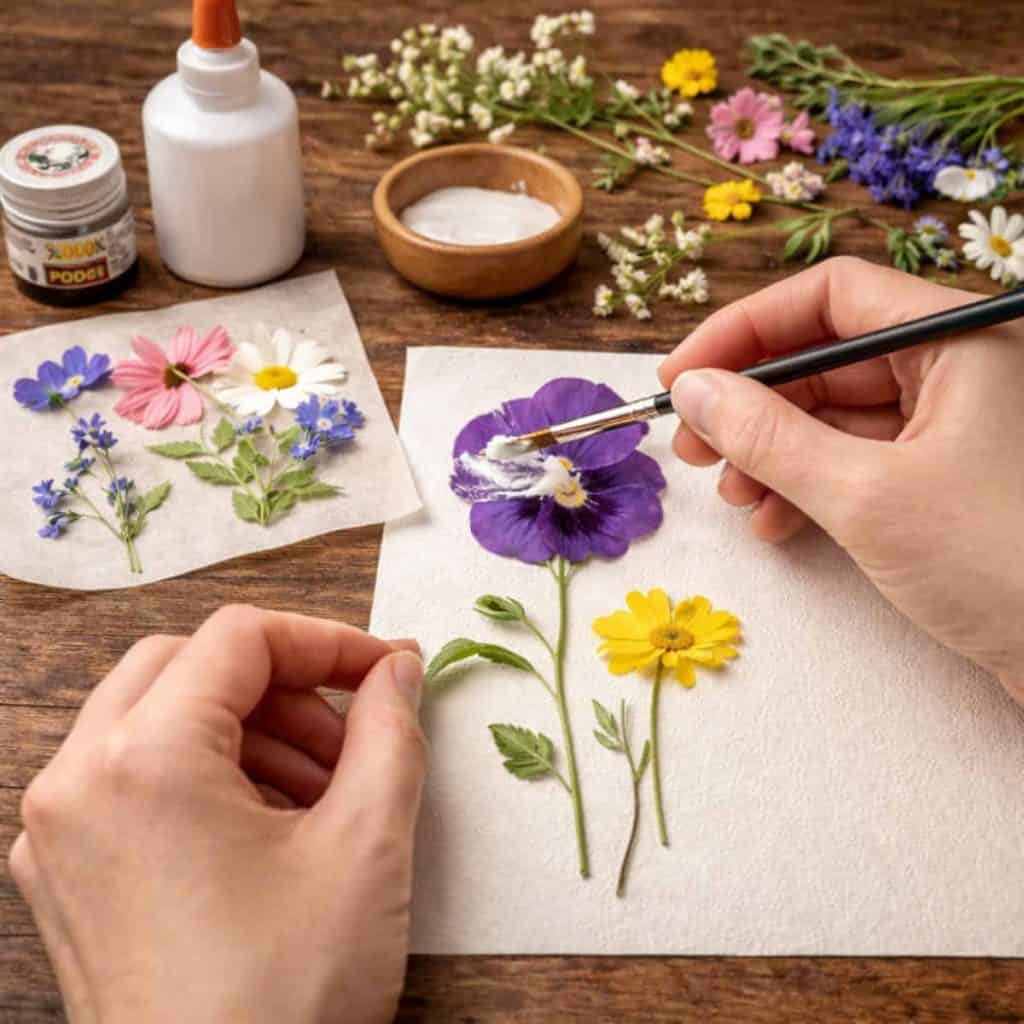 process of applying adhesive to pressed flowers and mounting them on paper
