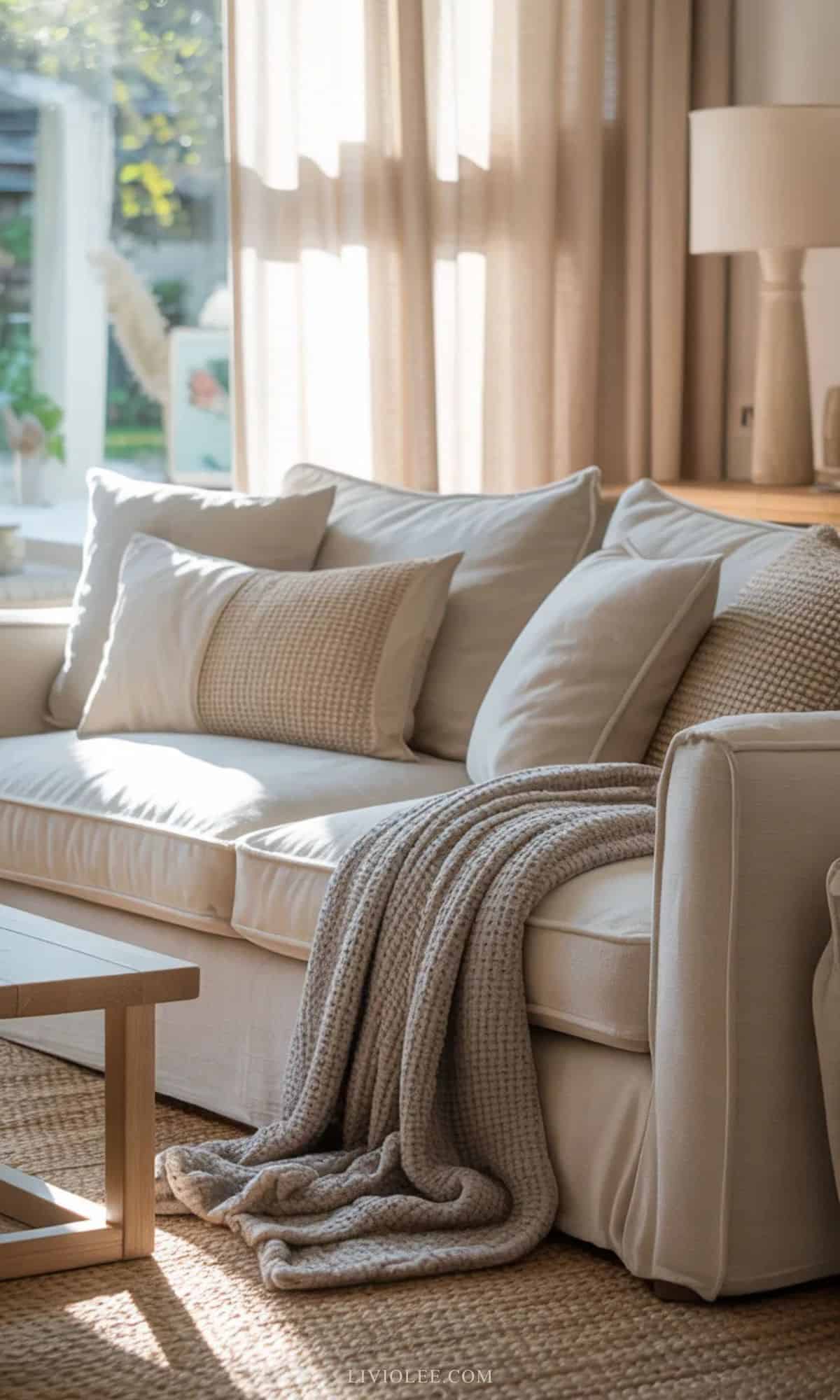 Neutral living room with a soft beige linen sofa, layered textured pillows, knit throw, and light wood coffee table.