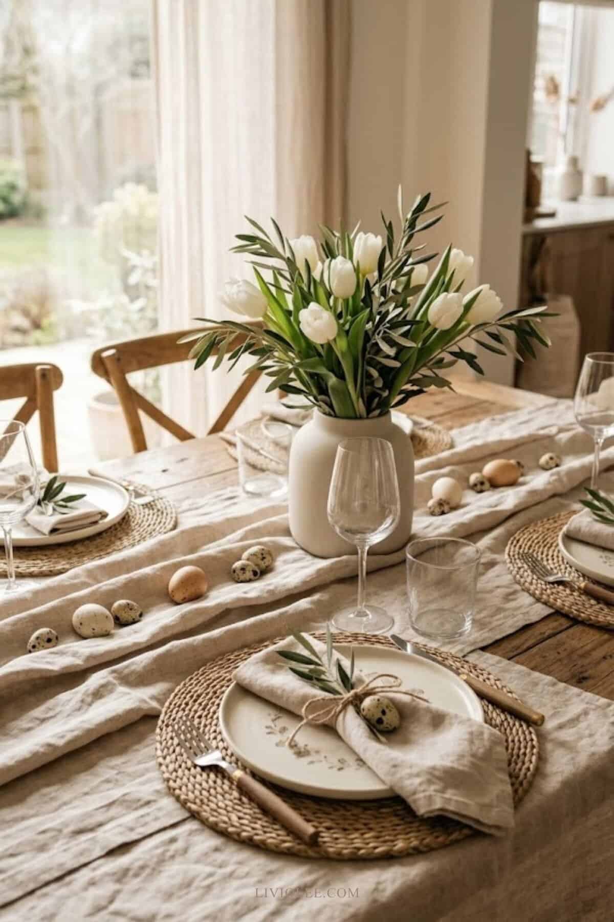 Neutral organic Easter tablescape with linen tablecloth, ceramic plates, white tulips, and natural spring decor