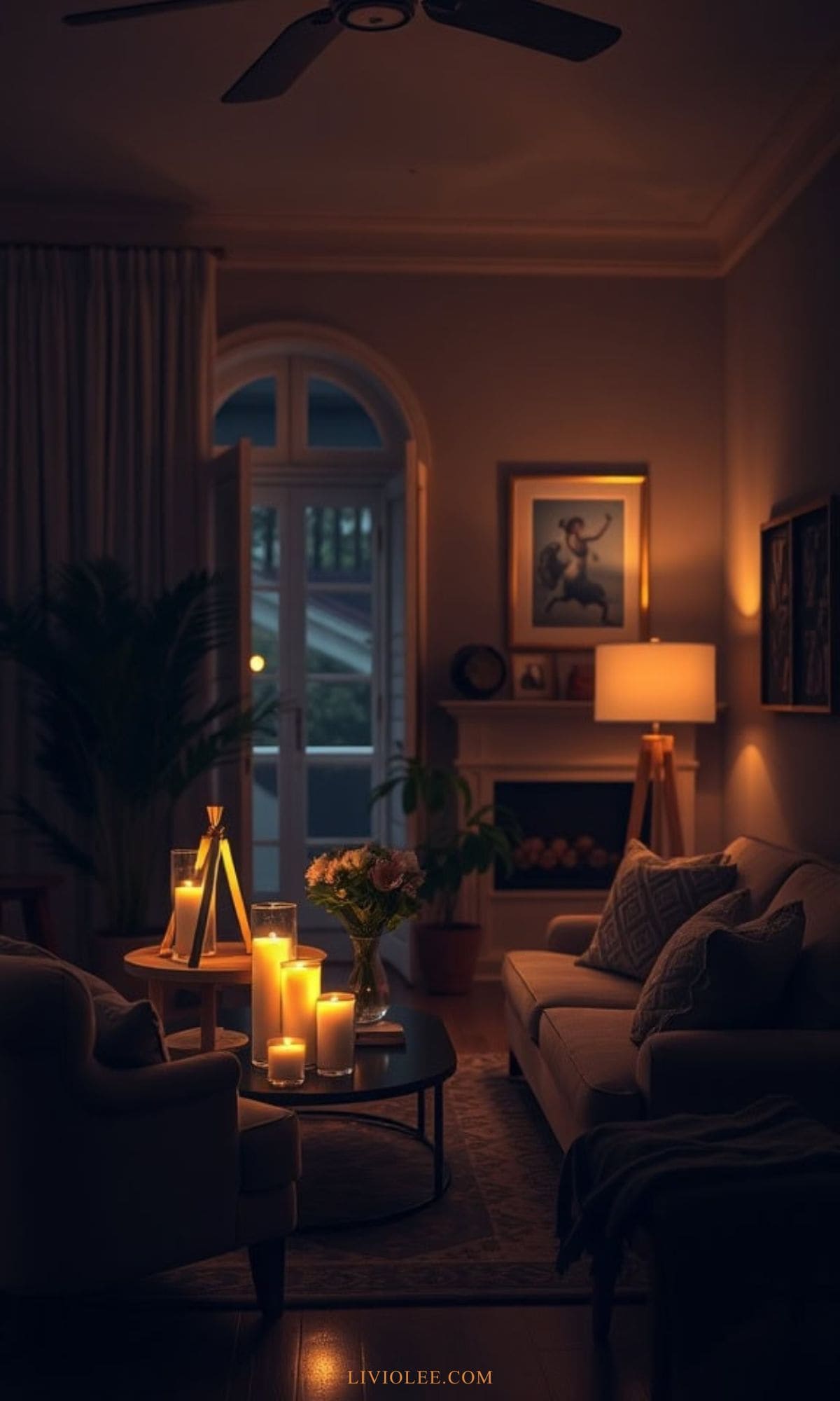 A cozy living room with soft ambient lighting, candles on a table, and comfortable seating