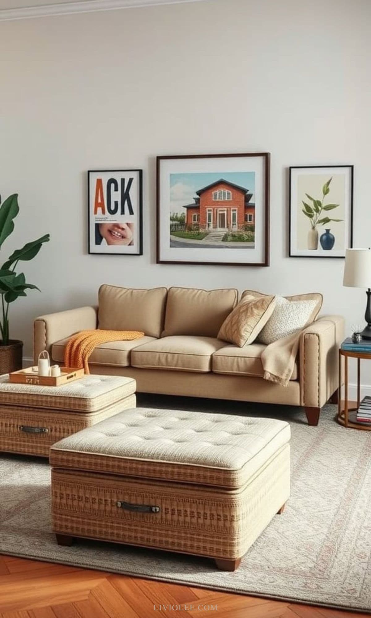 A cozy neutral living room featuring a beige sofa and textured ottomans