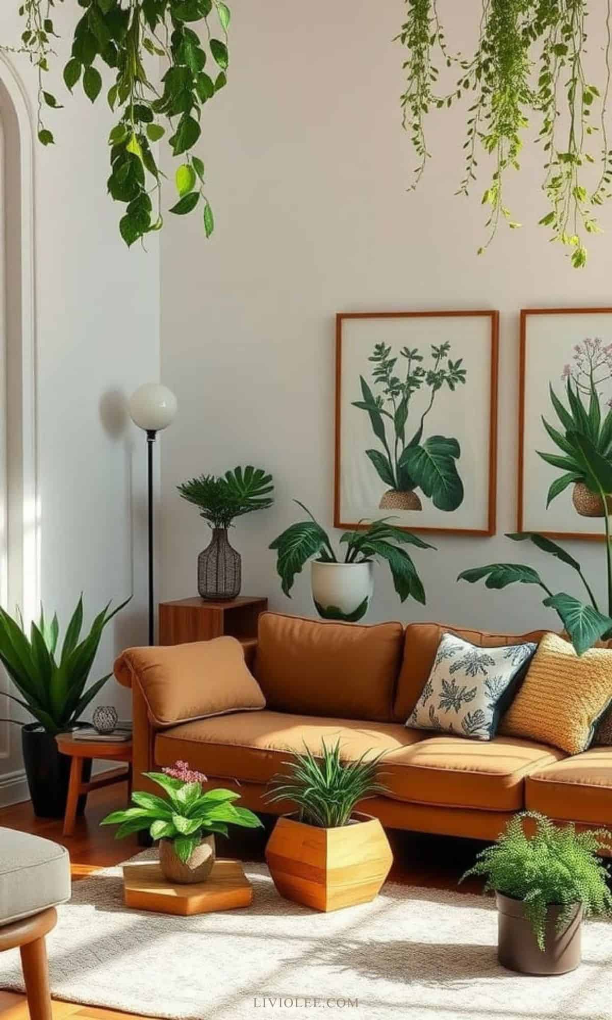 Cozy living room with plants and neutral decor