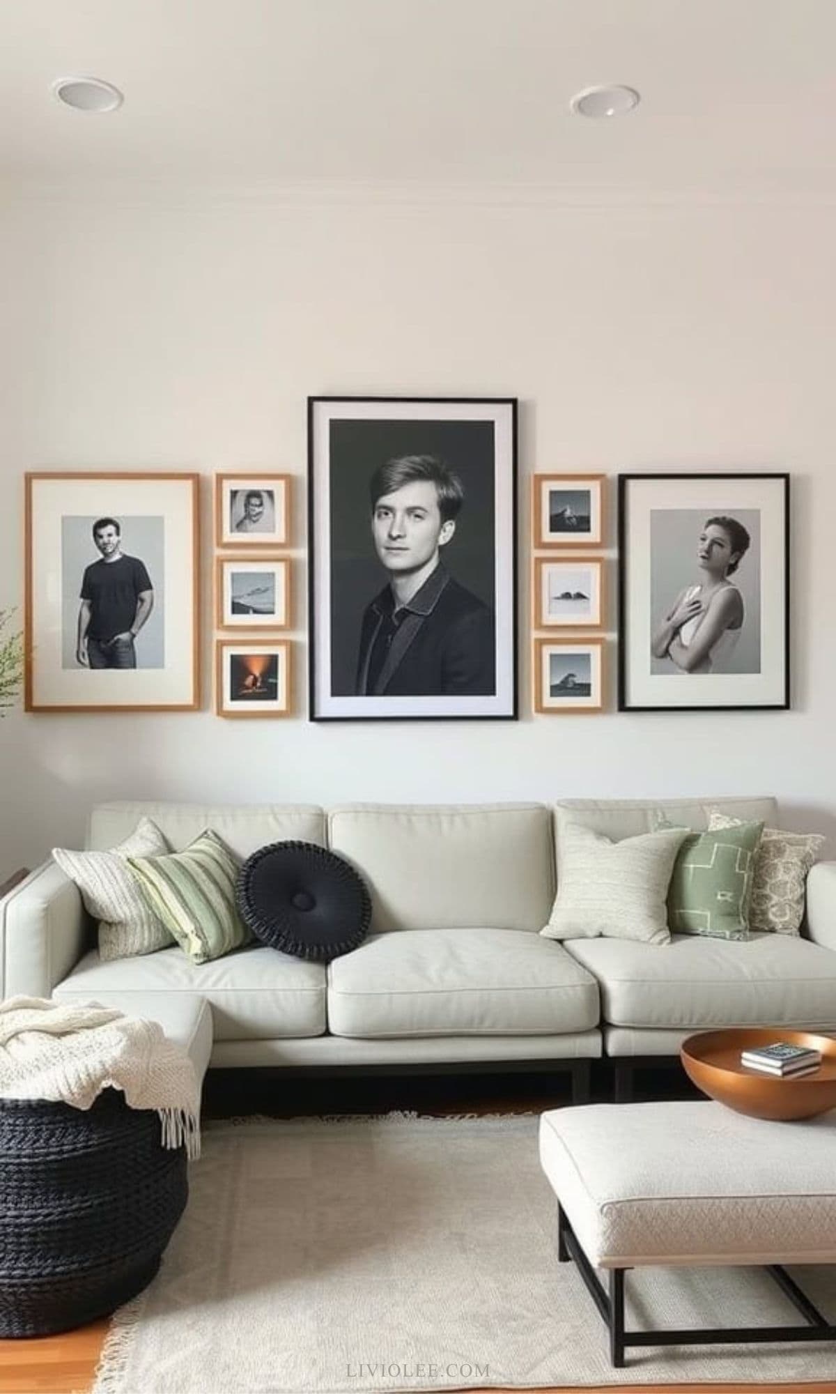 A cozy living room featuring a mix of framed artwork and family photos on the wall