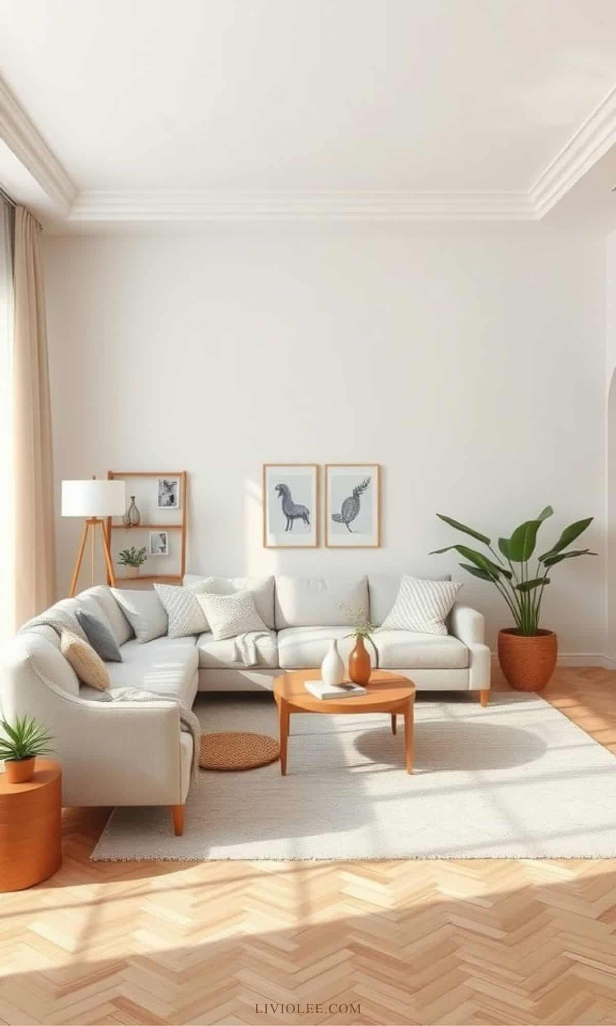 A cozy neutral living room with soft colors and comfortable furniture