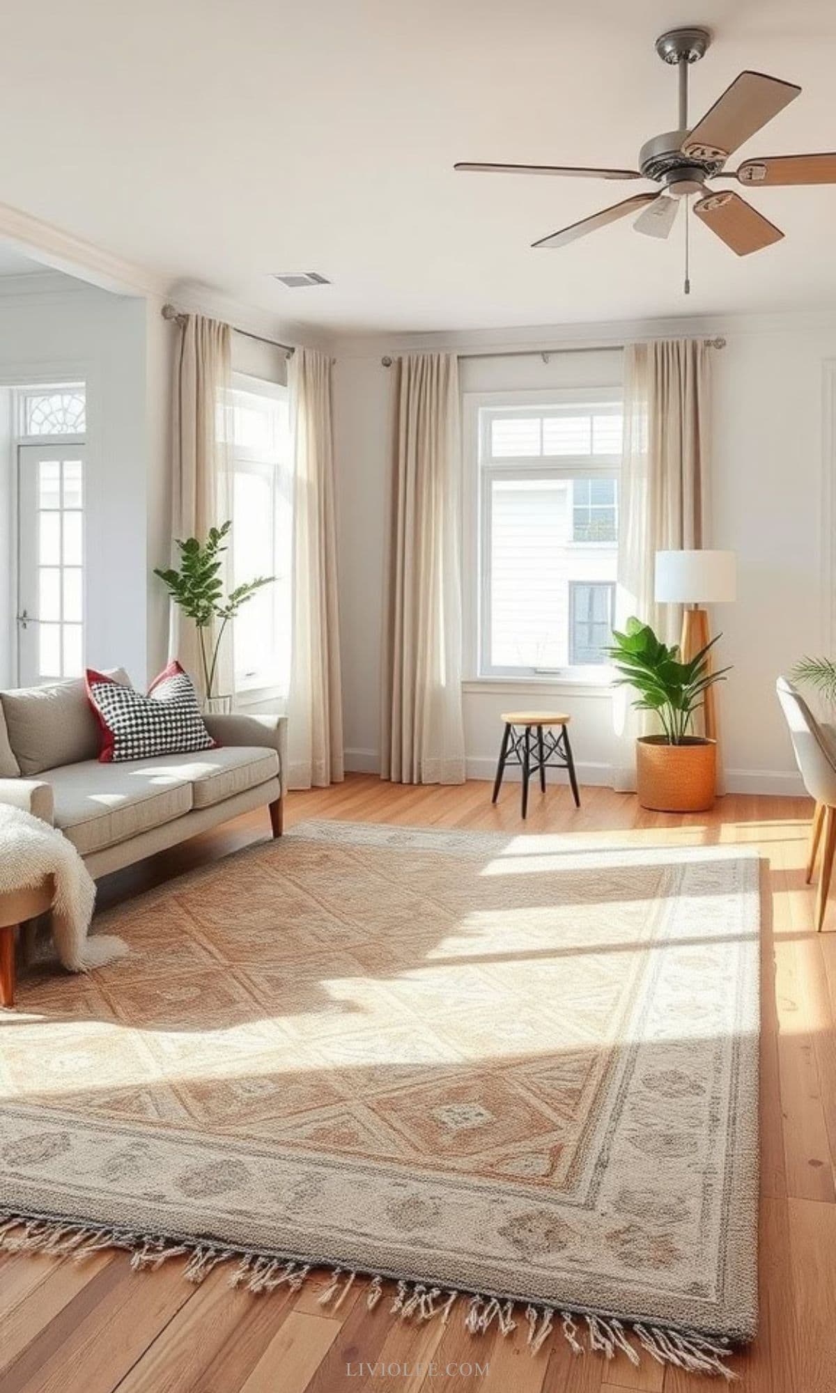 A cozy neutral living room with a textured rug