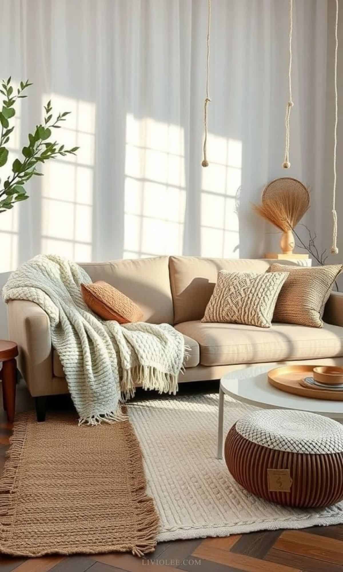 Cozy living room with soft textures including blankets and pillows on a sofa
