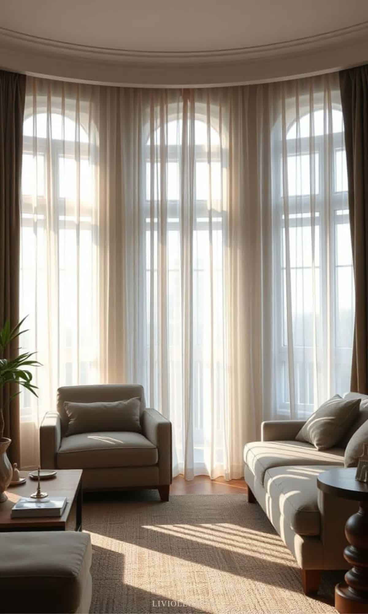 A cozy living room with layered window treatments featuring sheer and heavy curtains