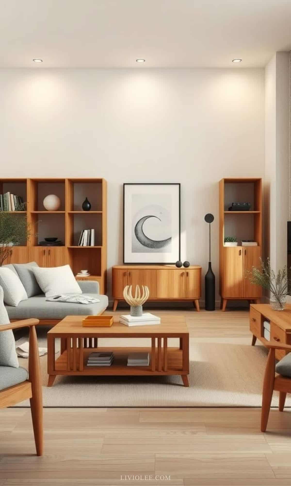 Cozy neutral living room with warm wood accents