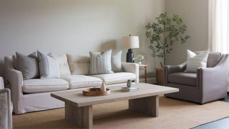 neutral living room decor in grey and cream soothing colors