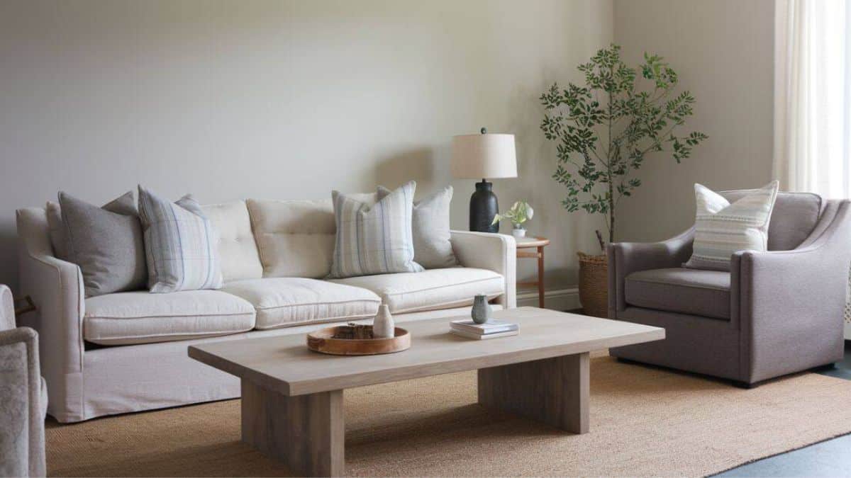 neutral living room decor in grey and cream soothing colors