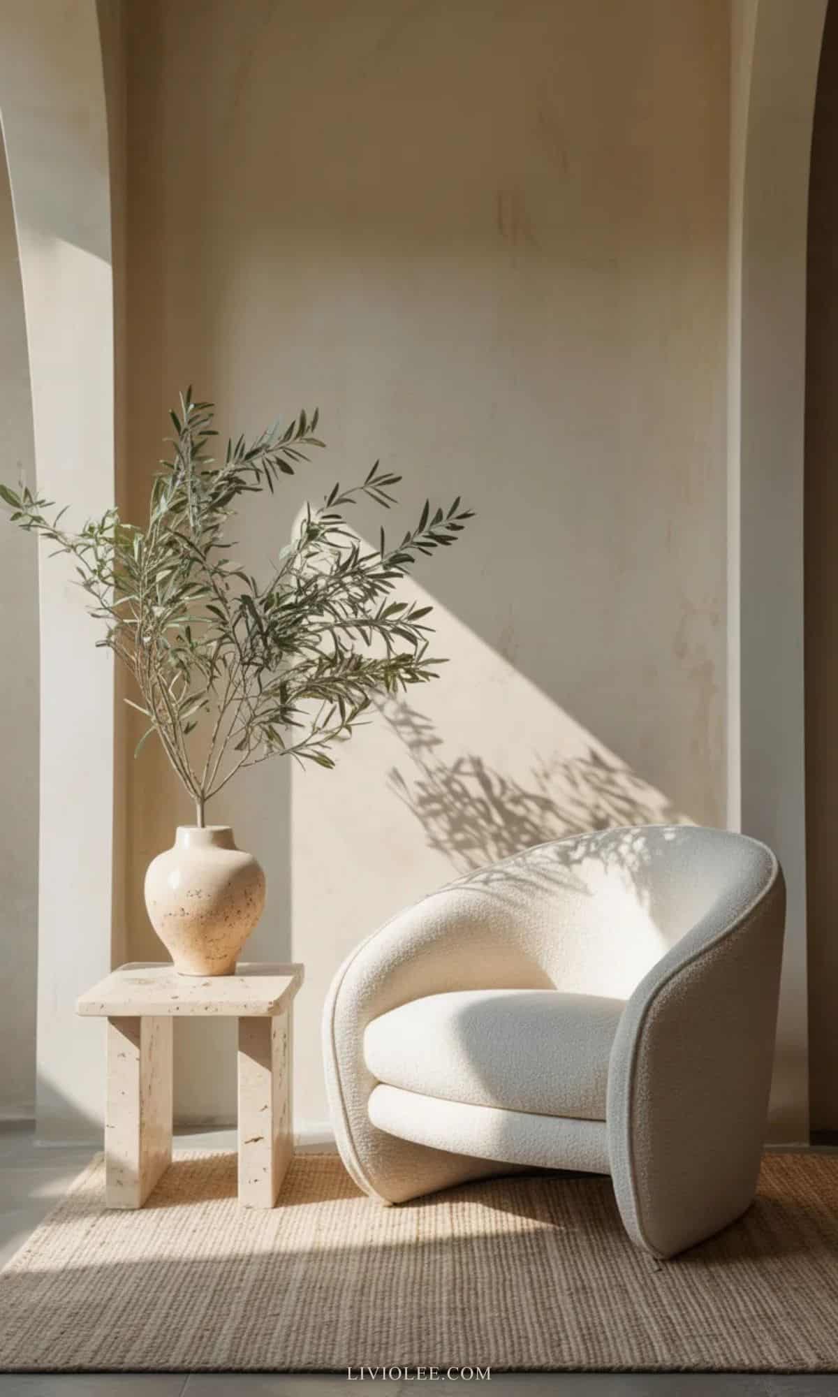 Minimalist neutral living room corner with sculptural vase, stacked books, and soft sunlight creating a calm atmosphere