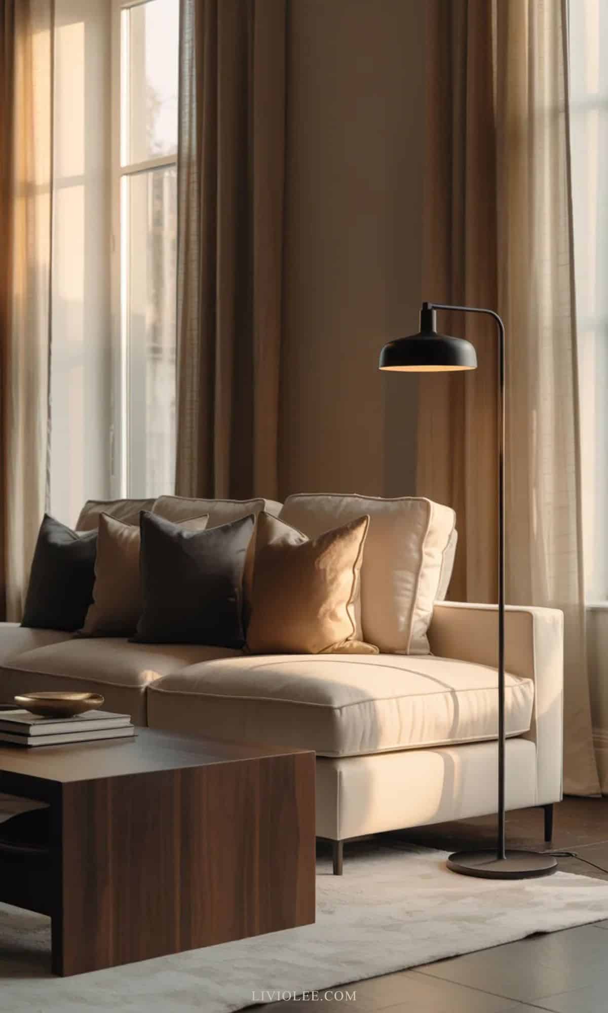 Neutral living room with cream sofa, charcoal pillows, matte black floor lamp, and warm wood furniture
