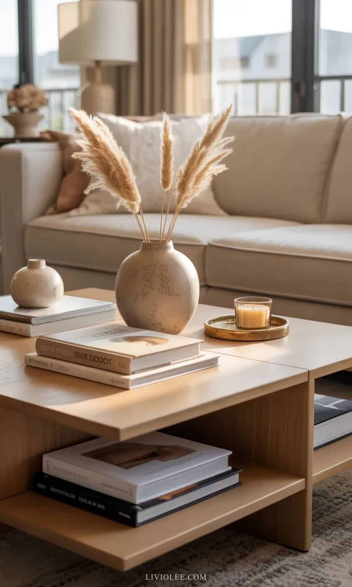 Light wood coffee table styled with design books, ceramic vase, candle, and pampas grass in a neutral living room.