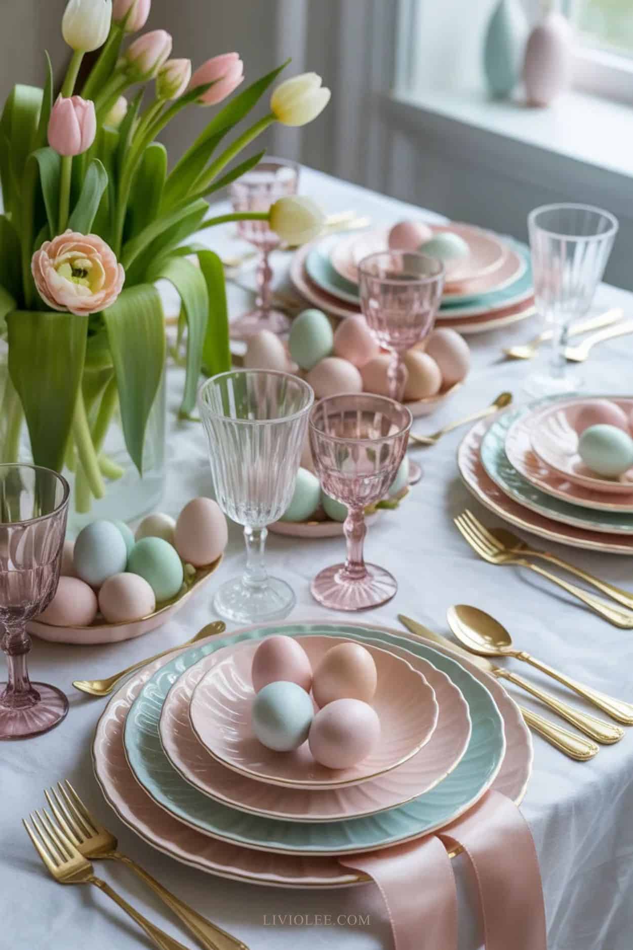 Pastel Easter tablescape with soft colored plates, floral centerpiece, ribbon napkins, and delicate spring decor