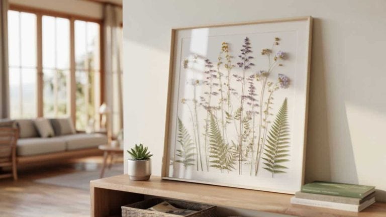 pressed flower art displayed in a frame on a side bookshelf