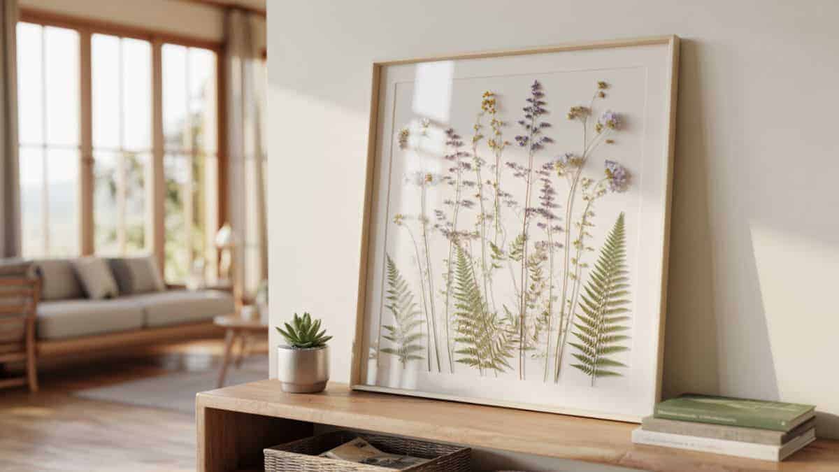 pressed flower art displayed in a frame on a side bookshelf