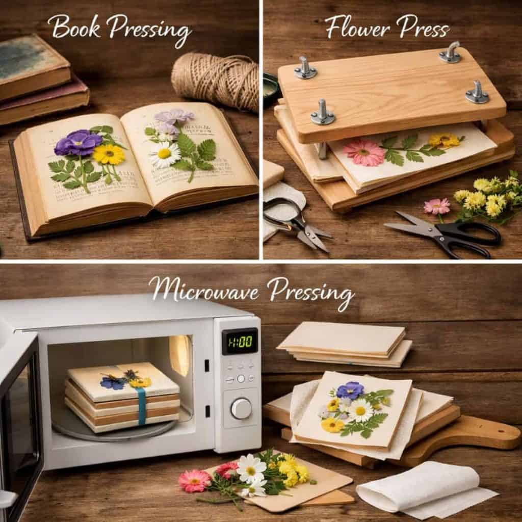 three different pressing methods book pressing wooden flower press and microwave pressing 