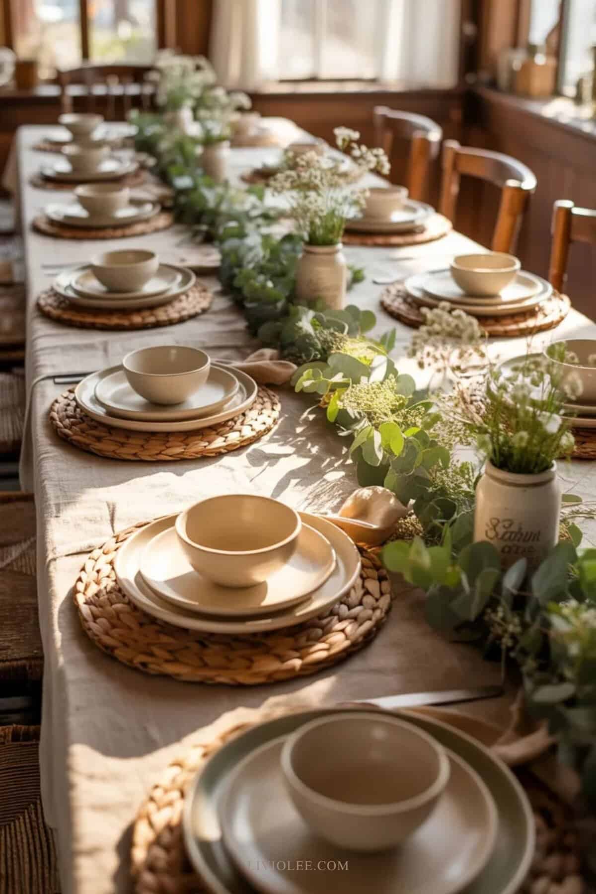 Rustic Easter tablescape with wooden bowls, greenery garland, white flowers, and natural farmhouse table decor