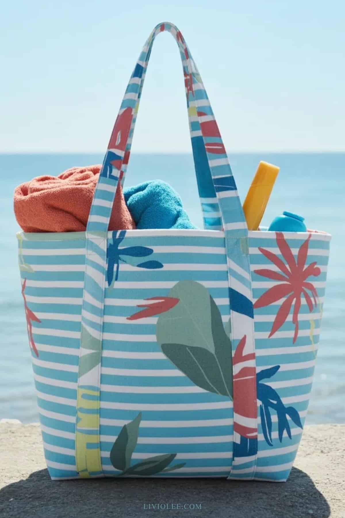 large beach tote bag filled with towels and summer essentials