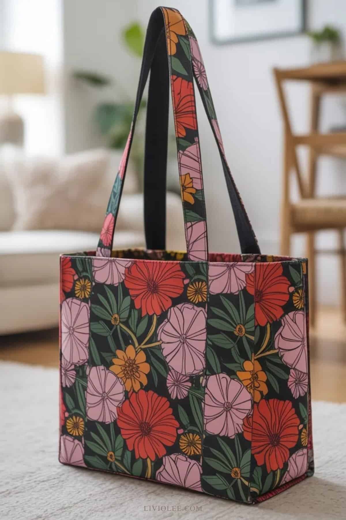 structured boxed corner tote bag in linen with flat base and sturdy straps