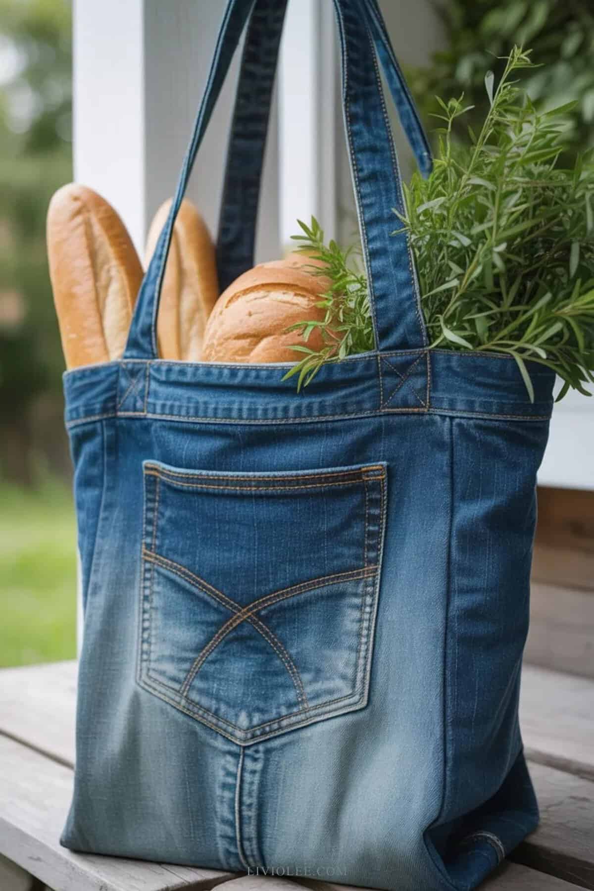 upcycled denim tote bag made from old jeans with pocket detail and structured base