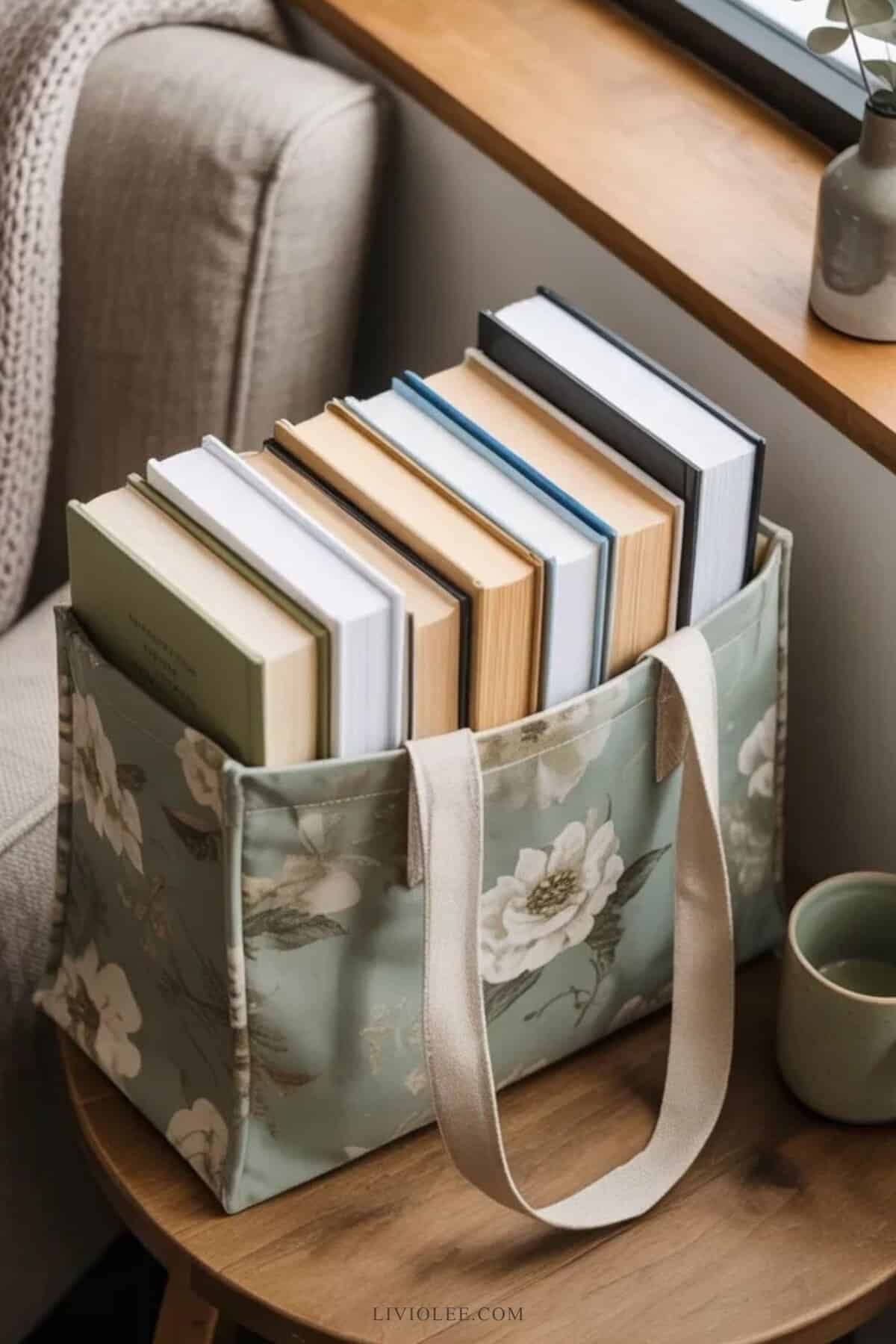 library tote bag filled with books