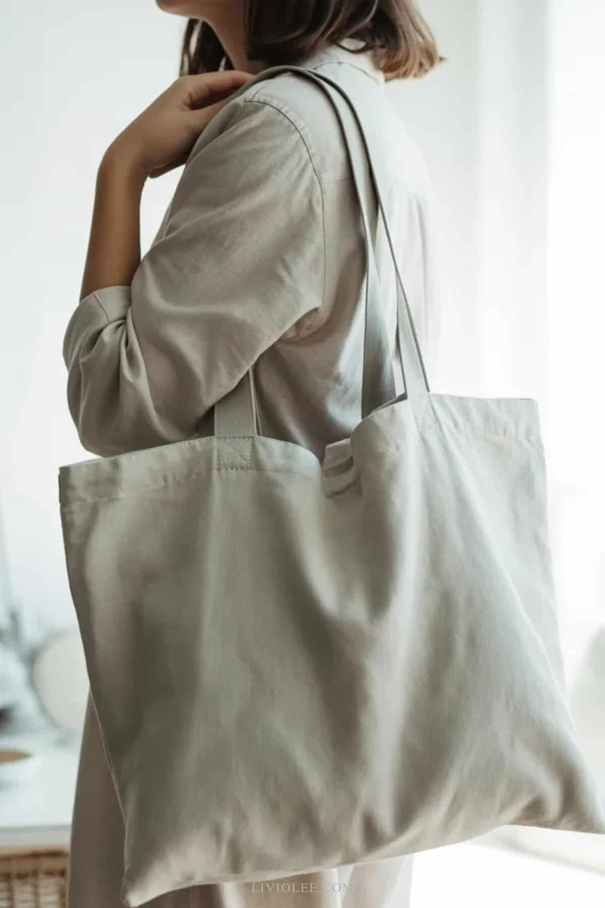 minimal linen tote bag in neutral fabric hanging on a women's shoulder