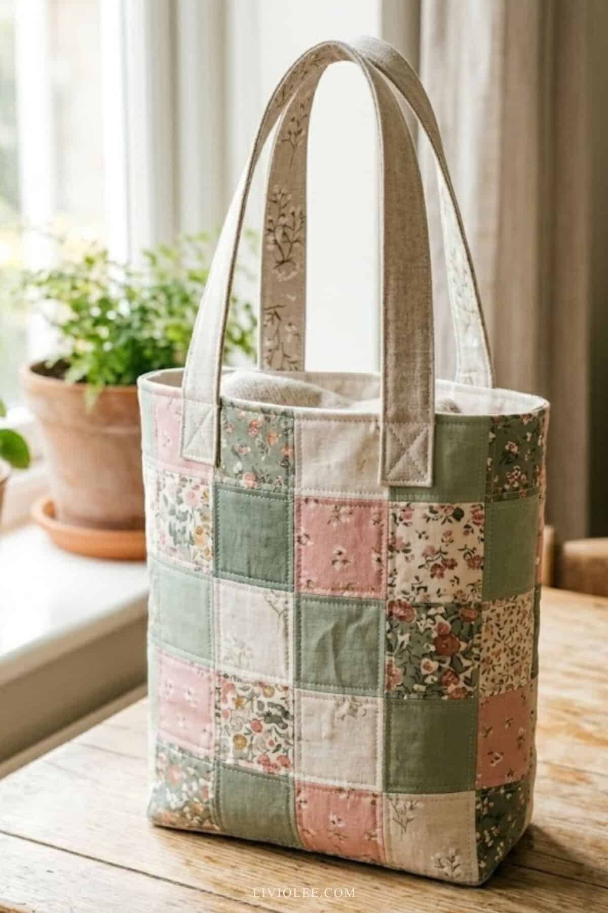 patchwork tote bag made from mixed fabric squares