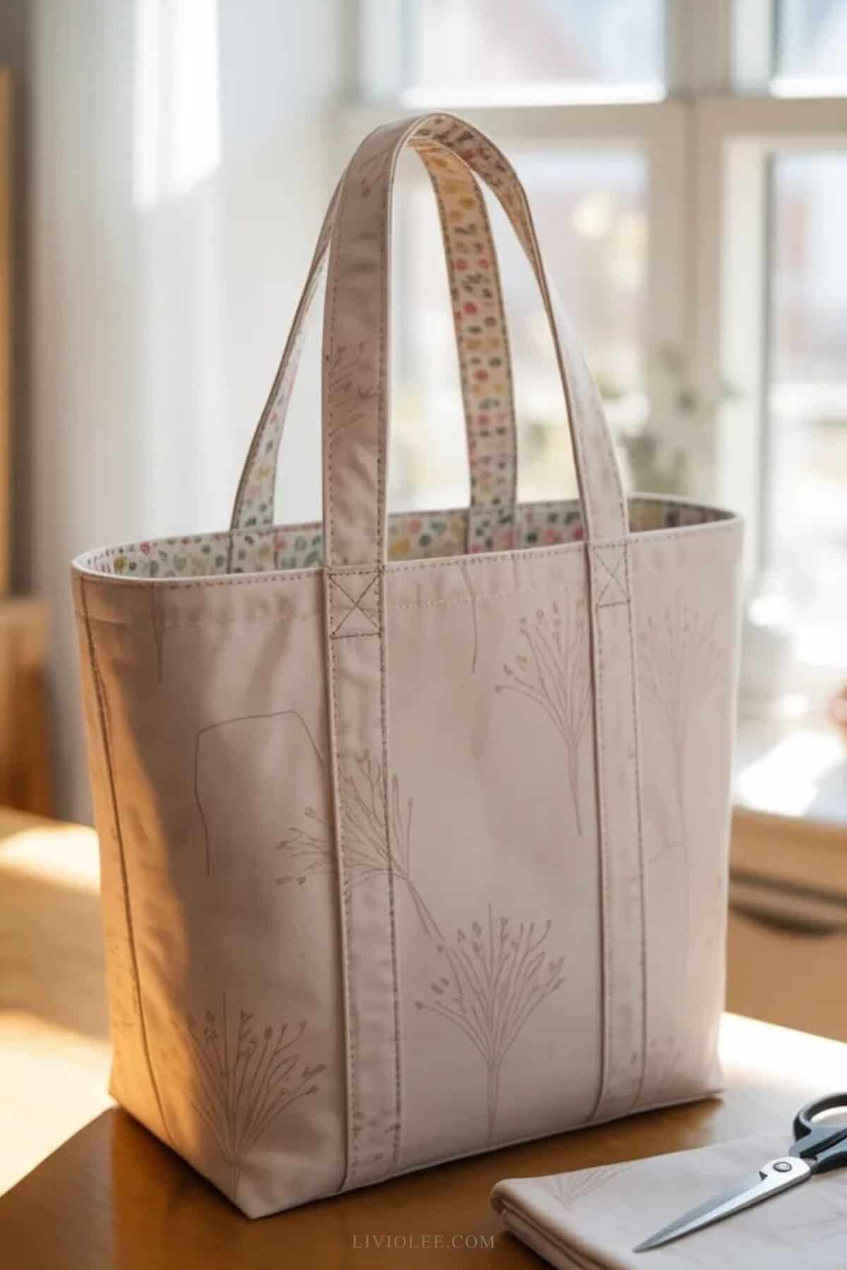 reversible fabric tote bag on a wooden table, showing contrasting inner lining