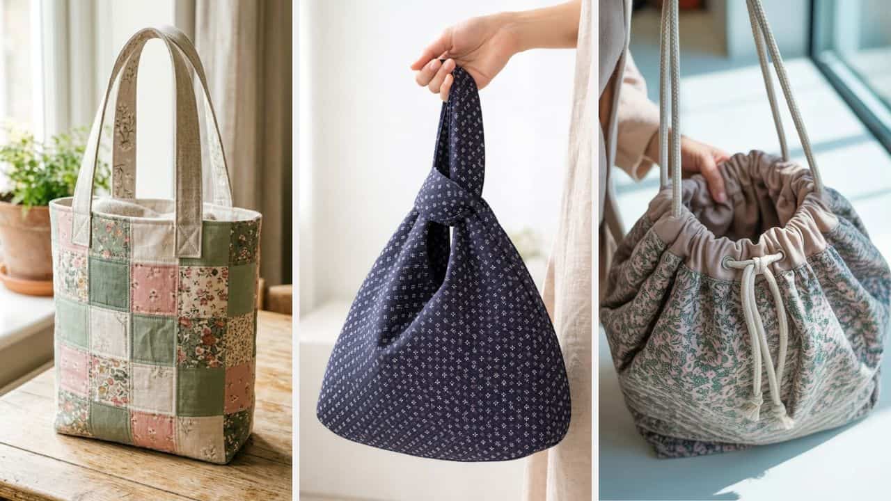 collection of handmade tote bags in different styles displayed
