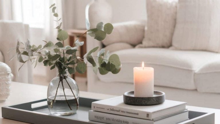 coffee table in a living room styled with greenery in a vase books and candle on table