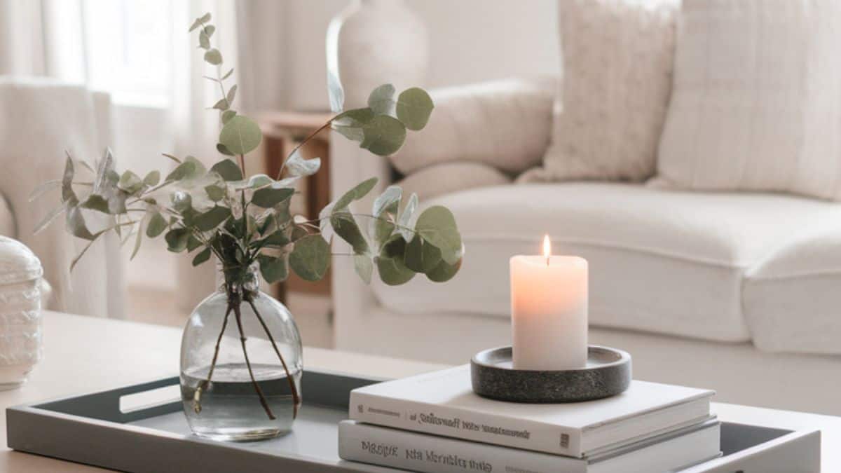 coffee table in a living room styled with greenery in a vase books and candle on table