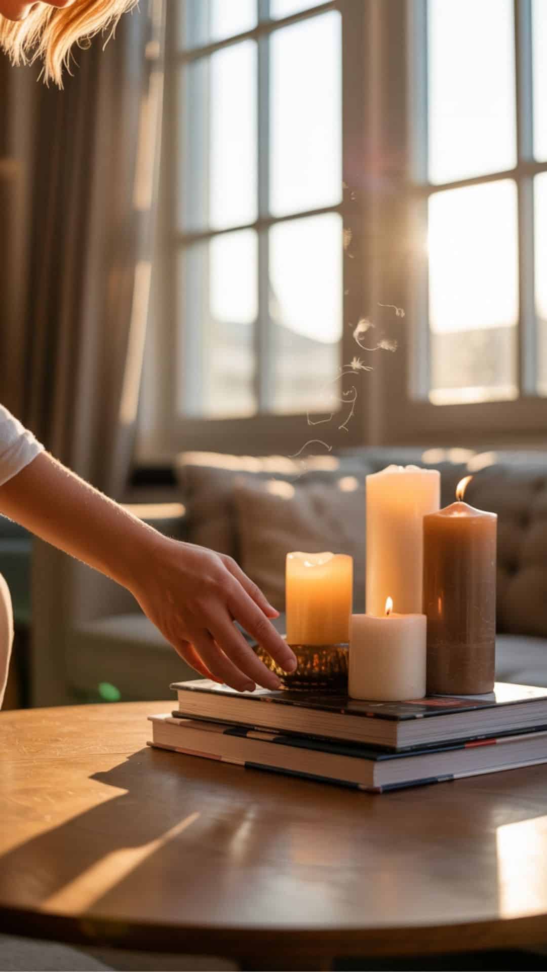 Hand arranging candles on stacked books on a coffee table, creating a cozy and versatile living room decor display in warm sunlight