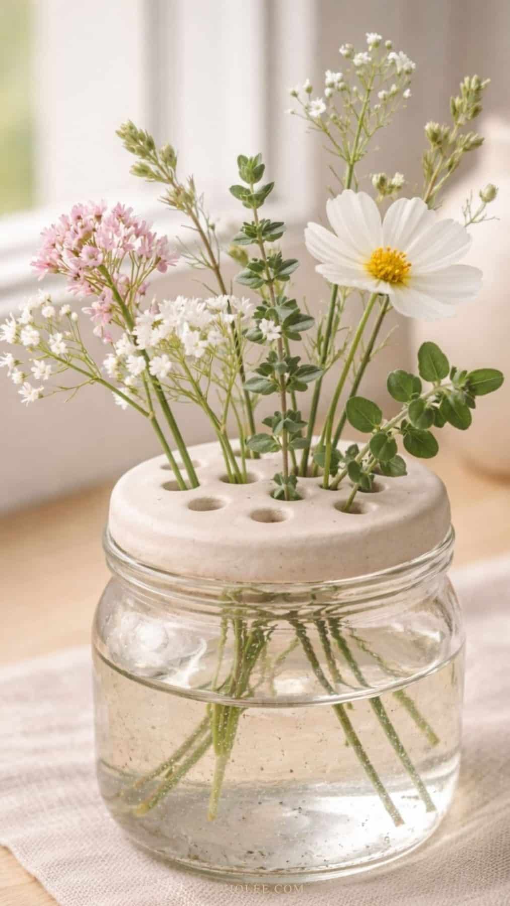 air dry clay flower frog vase with floral display