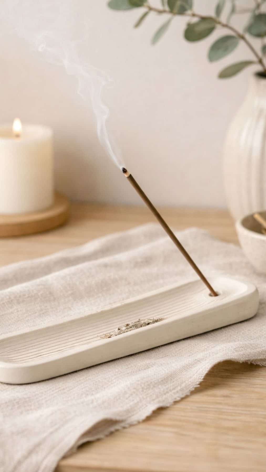 minimal air dry clay incense holder with incense, candle and vase in background
