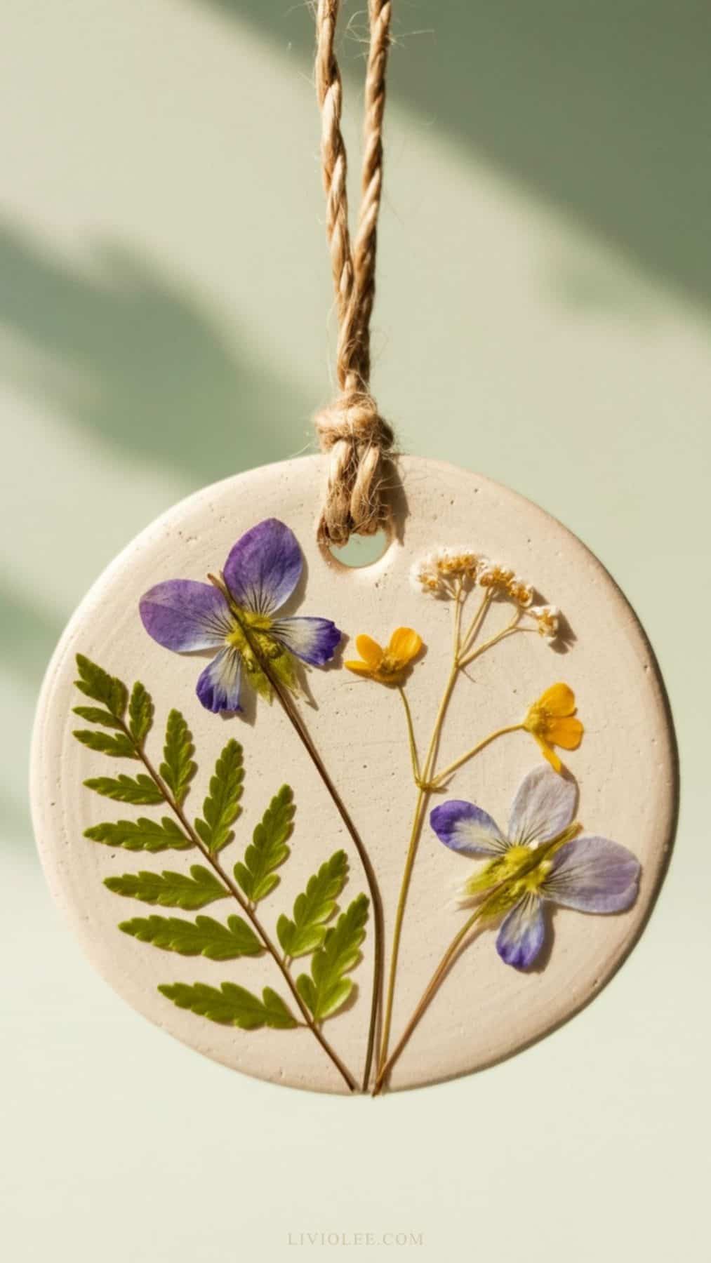 air dry clay pressed flower ornaments with leaves and flowers pressed into clay