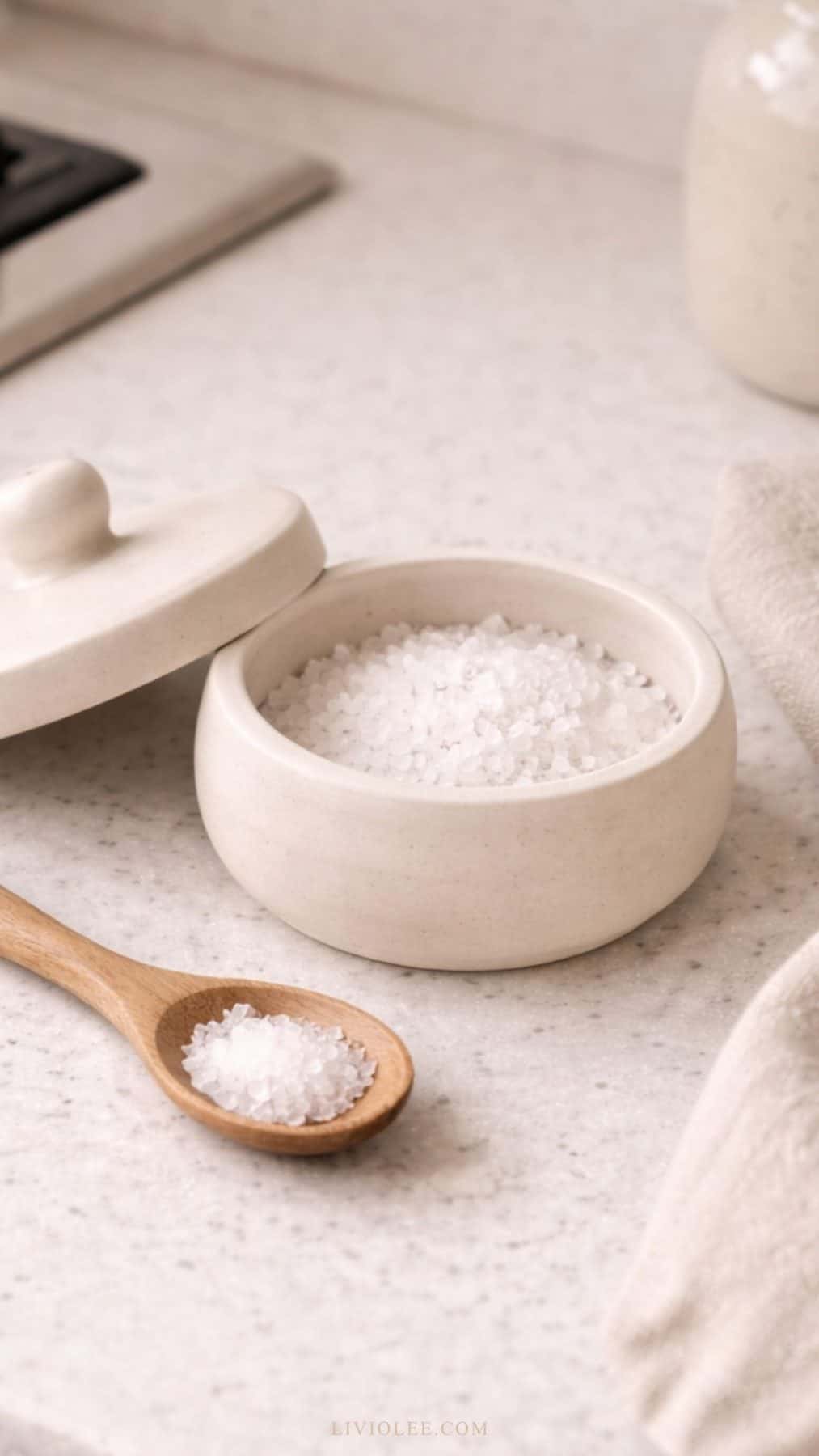 air dry clay salt cellar with sea salt and a wooden spoon on a bench top