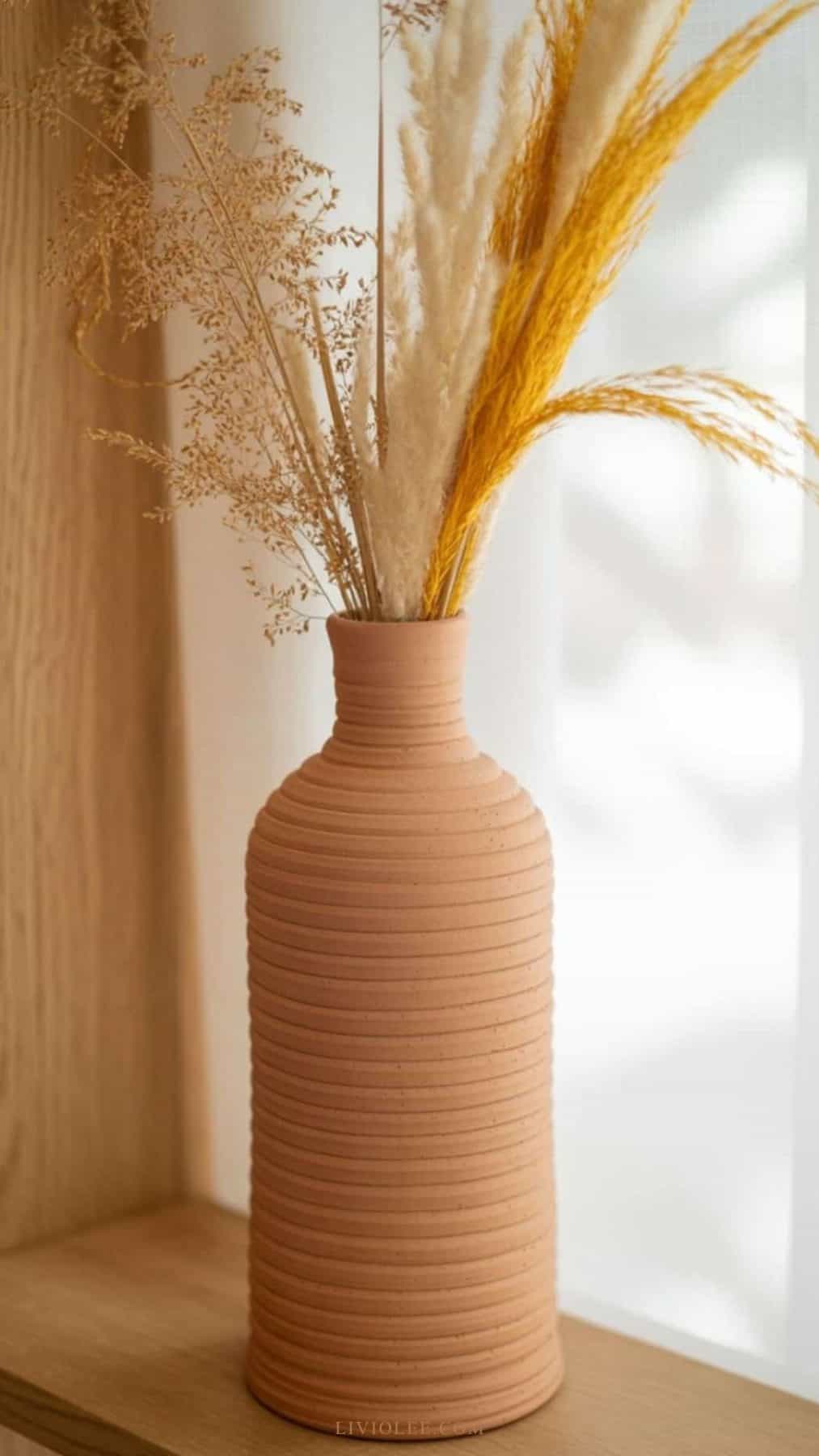 air dry clay coil vase with dry leaves in it