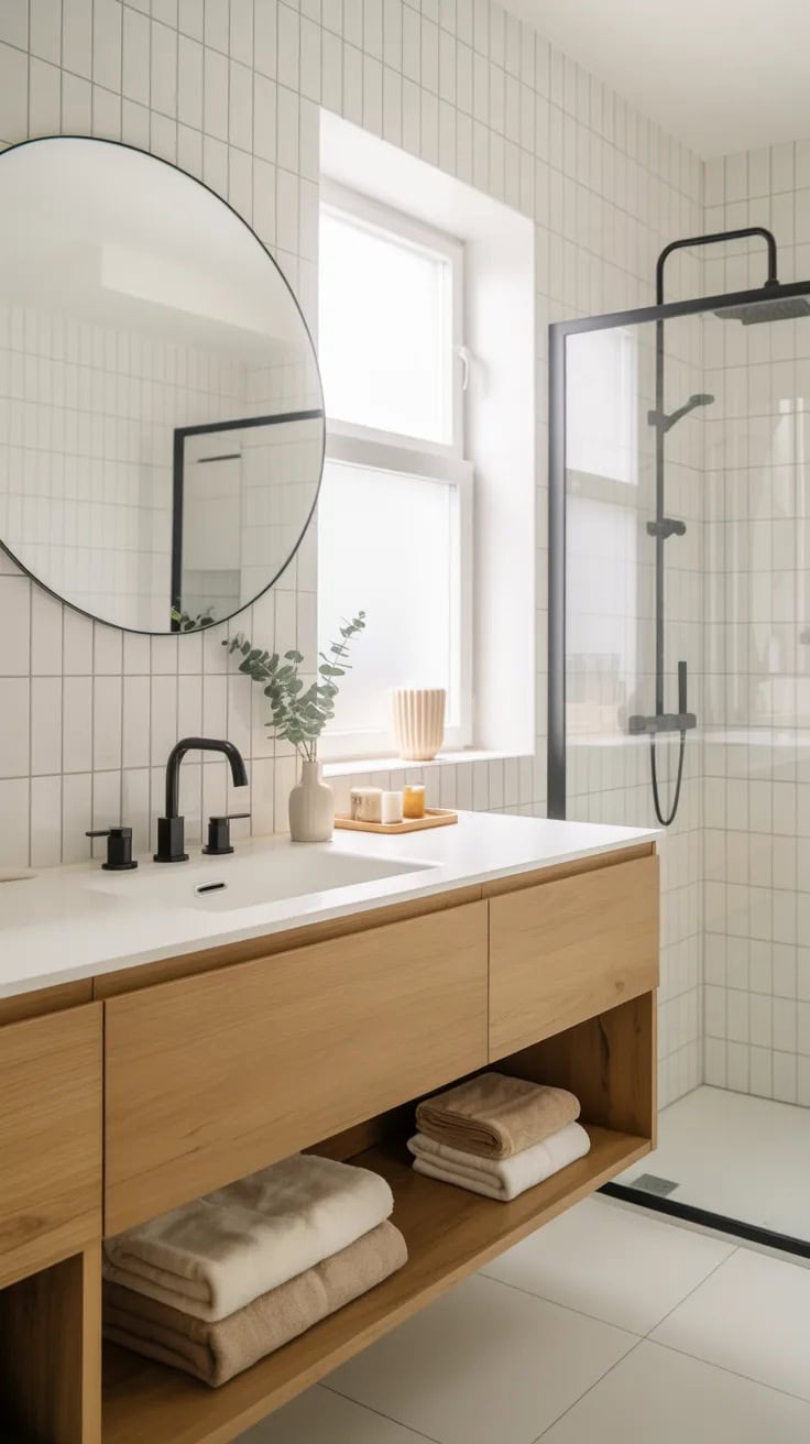 Scandinavian bathroom with white tiles, wood vanity and minimal decor