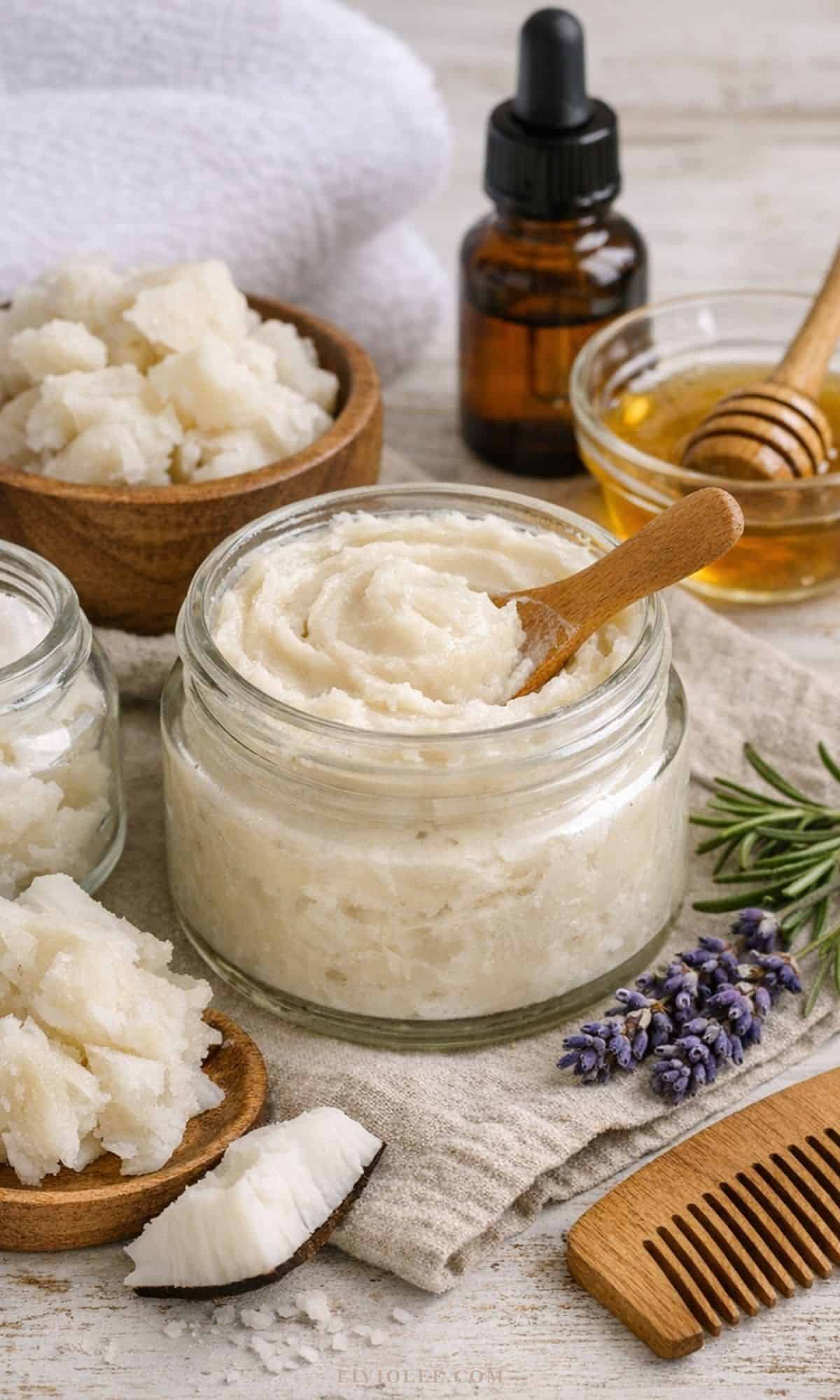 Homemade beef tallow hair mask with natural ingredients for dry hair treatment