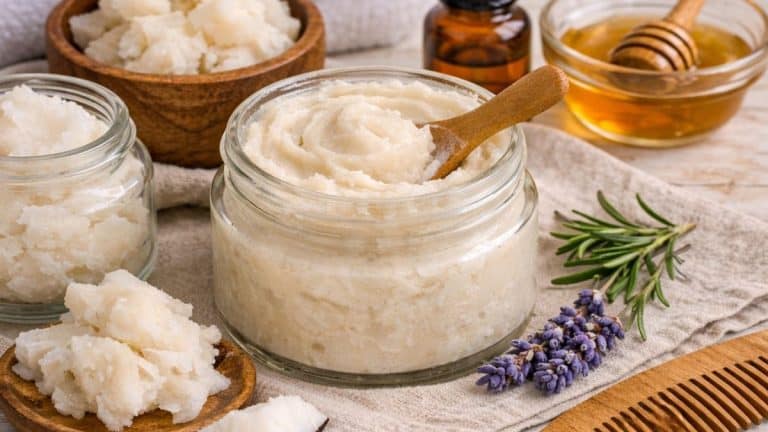 Homemade beef tallow hair mask with natural ingredients for dry hair treatment