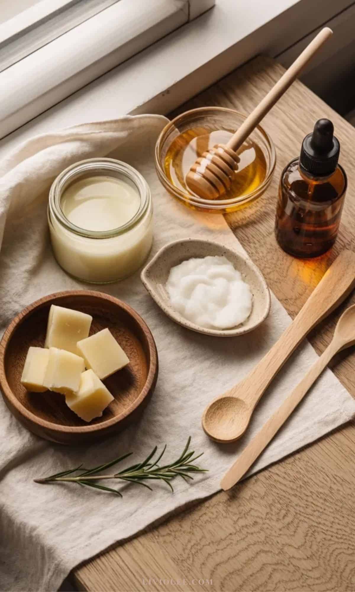 Beef tallow hair mask ingredients and tools arranged on linen background for DIY natural hair care