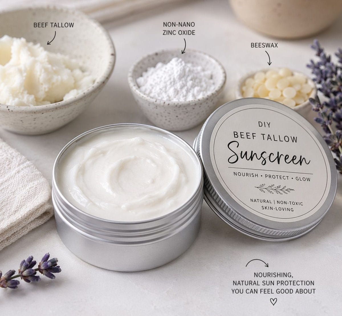 Ingredients and tools for DIY beef tallow sunscreen including zinc oxide, beeswax, coconut oil, and mixing supplies