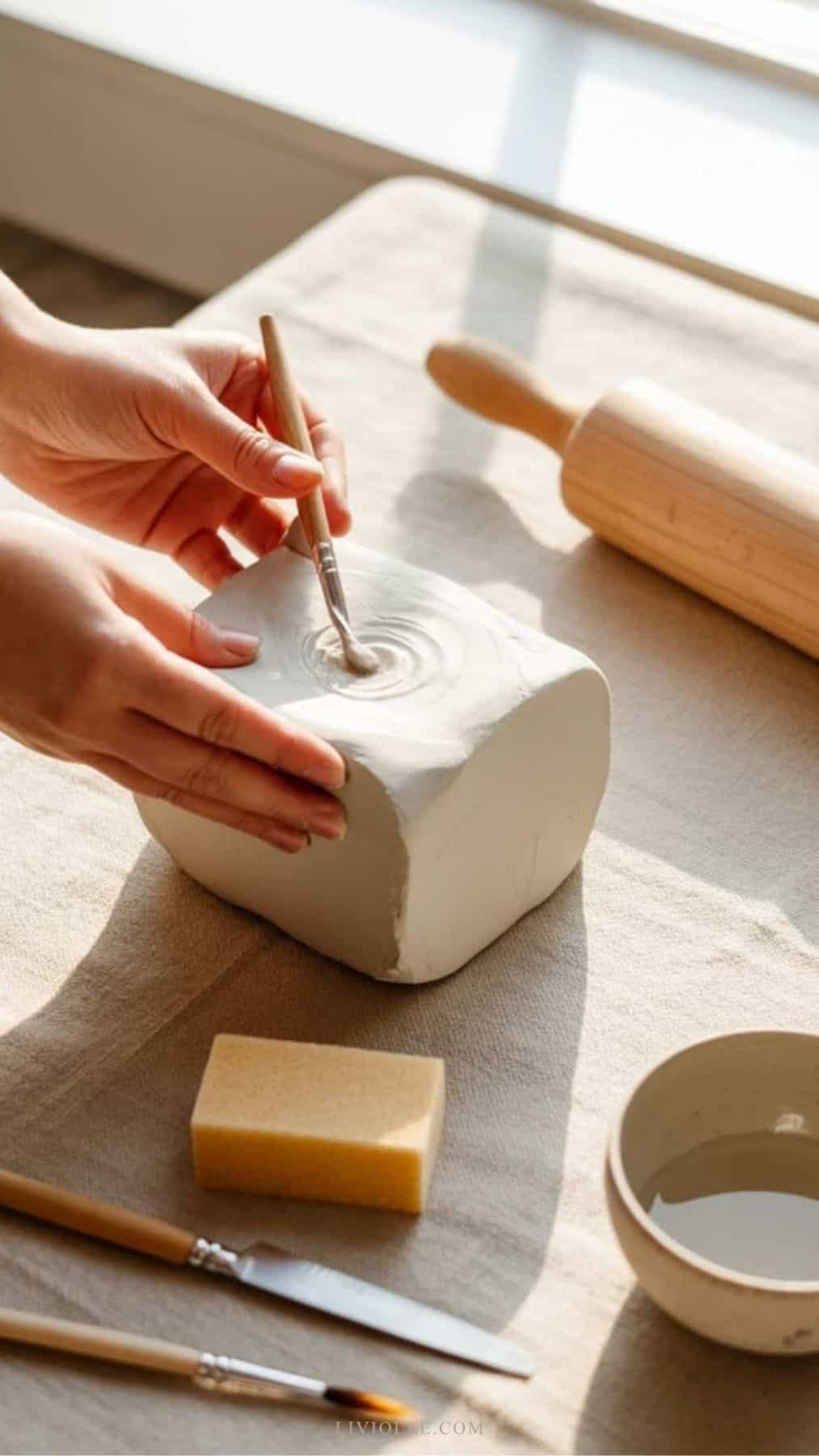 A smooth block of white air-dry clay and tools to shape clay rest on a neutral linen-covered table